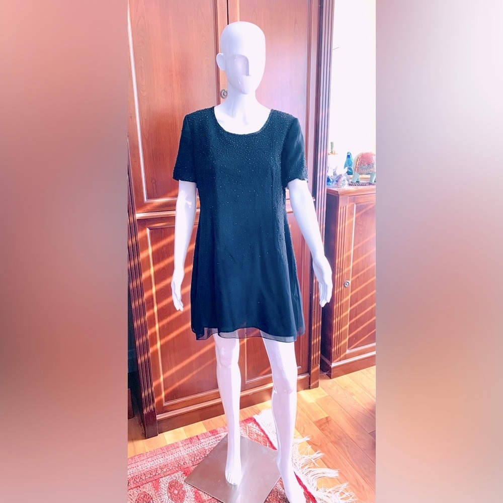 Richards Black silk mini party prom Dress sparkling black beaded top US size 12